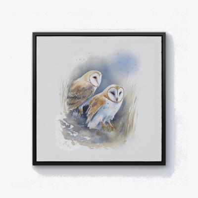 The Range Barn Ano Owls Watercolour Canvas Print - Brown / Black Frame / 40.6cm