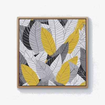 The Range Yellow Grey Feather Leaves Canvas Print - Yellow / Pine Frame / 25.4cm