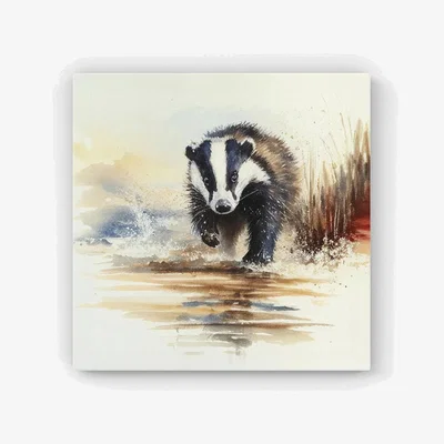 The Range Wading Badger Watercolour HD Metal Print - Brown / 56cm