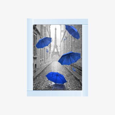 The Range Parisienne Street Blue Umbrellas Glitter Liquid Wall Art Dcor - Silver
