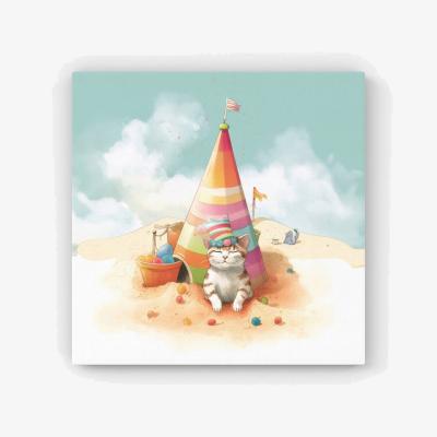 The Range Cat On A Beach Holiday HD Metal Print - Yellow / 30cm