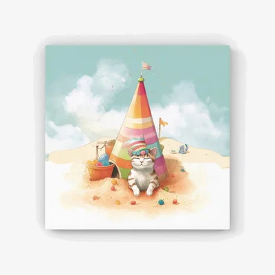 The Range Cat On A Beach Holiday HD Metal Print - Yellow / 30cm