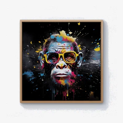 The Range Coloured Splashart Monkey Face with Glasses Canvas Print - Blue / 101.6cm / Pine Frame