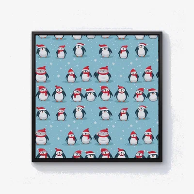 The Range Adorable Santa Penguins Canvas Print - Blue / Black Frame / 101.6cm