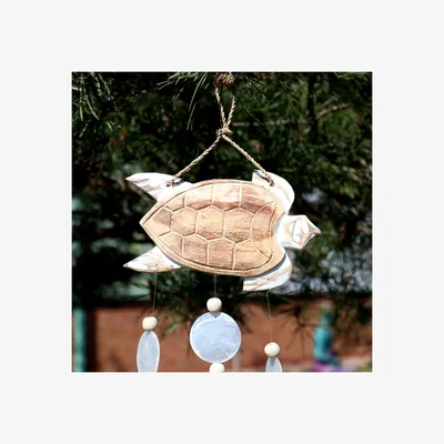 The Range Whitewashed Turtle Carving with Natural Copis Drop - Coastal Decor Accent - Natural