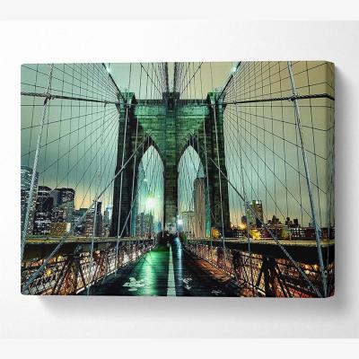 The Range Brooklyn Bridge At Night Green Glow Canvas Print Wall Art - Yellow / 35.56cm