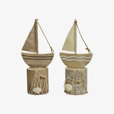 The Range Set of 2 Sailing Boat On Log Ornaments  - Neutral