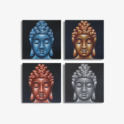 The Range Set of 4 Buddha Head Plaques 30x30cm - Sand Texture Decor - Multi