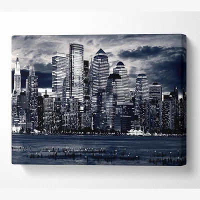 The Range Manhattan Panorama In Blue Canvas Print Wall Art - Yellow / 101.6cm