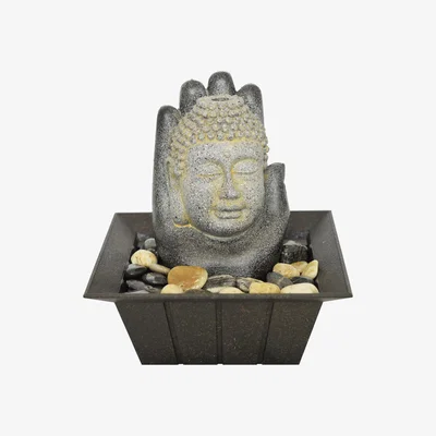 The Range Buddha and Hand Tabletop Indoor Fountain  Water Feature with Pebbles - Grey