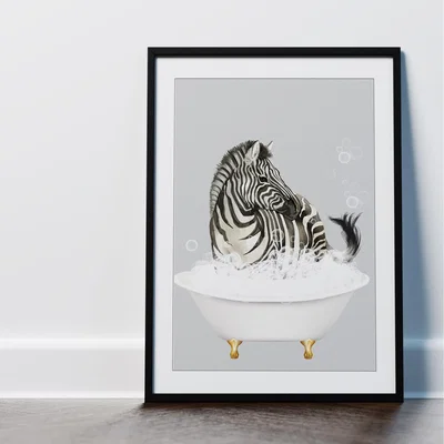The Range Zebra in the Bath Framed Bathroom Wall Art Print - Black
