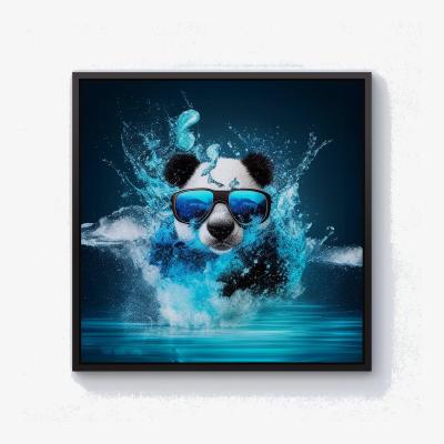 The Range Panda With Glasses Splashart Water  Canvas Print - Blue / Black Frame / 76.2cm