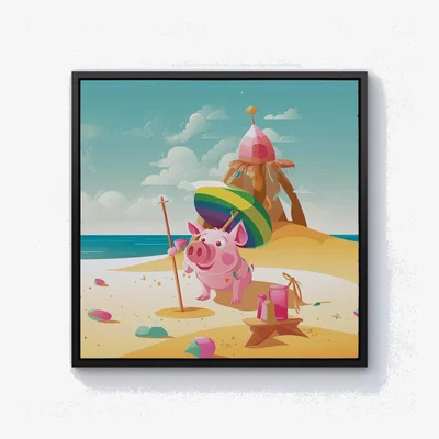 The Range Piglet On A Beach Holiday Canvas Print - Yellow / 76.2cm / Black Frame