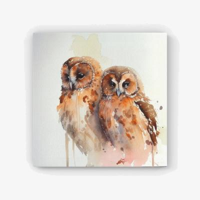 The Range Loving Tawny Owls Watercolour HD Metal Print - Brown / 30cm