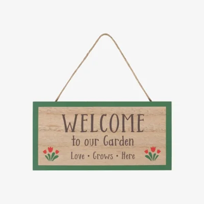The Range Welcome Garden Hanging Sign - Wooden Gate Decor with Tulip  Green Border - Brown