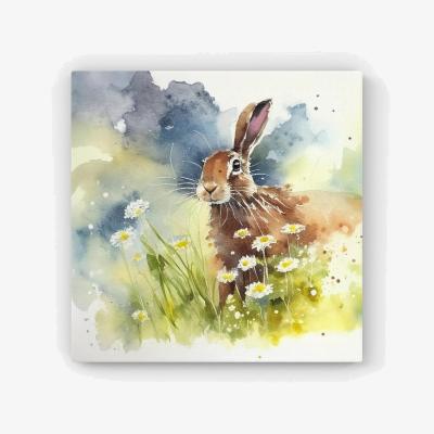The Range Hare And Daisies Watercolour Canvas Print - Brown / 101.6cm
