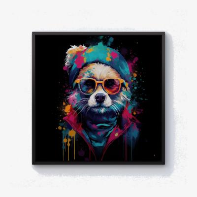 The Range Multi Coloured Splashart Dog With Glasses Canvas Print - Blue / Black Frame / 25.4cm