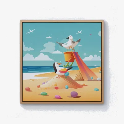 The Range Seagulls On A Beach Holiday Canvas Print - Yellow / 40.6cm / Pine Frame