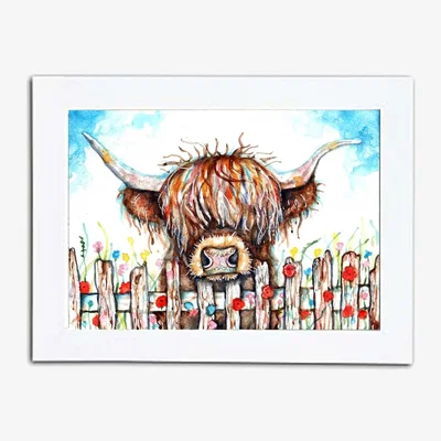 The Range Highland Cow Over the Fence Watercolour Framed Art - Brown / 14.8cm
