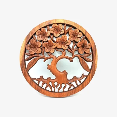 The Range Tree of Life Frangipani Wooden Wall Panel - Hand-Carved, Sustainable Suar Art - Brown