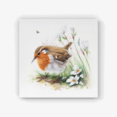 The Range Robin And Daisies Watercolour HD Metal Print - Brown / 30cm