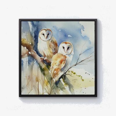 The Range Barn Owls Watercolour Canvas Print - Brown / 76.2cm / Black Frame