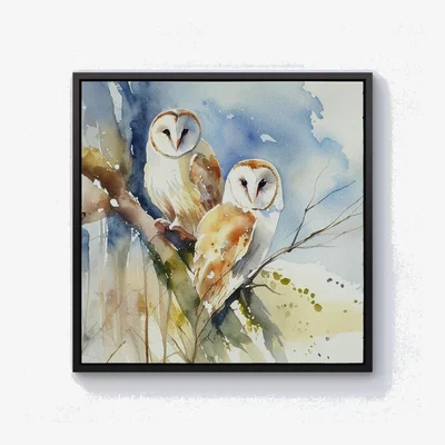 The Range Barn Owls Watercolour Canvas Print - Brown / 76.2cm / Black Frame