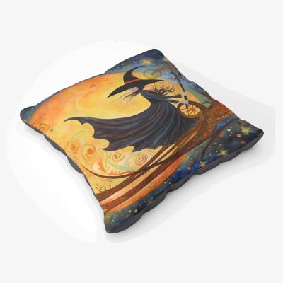 The Range Imaginative Painting Of A Whimsical Witch On A Broomstick Floor Cushion - Orange