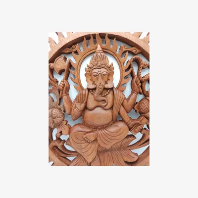 The Range Ganesh Wooden Wall Panel - Hand-Carved Suar Art Decor (40cm) - Brown