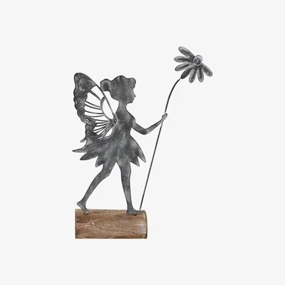 The Range Rustic Metal Fairy With Flower On Wood Stand  - Grey
