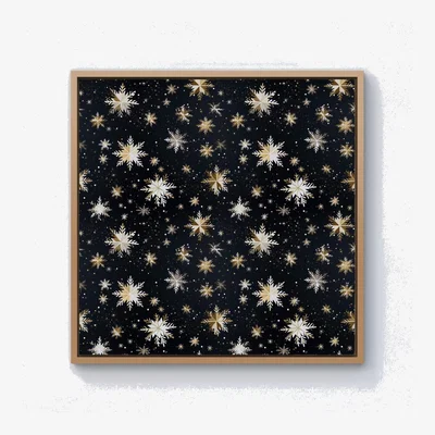 The Range Silver Gold Snowflake Pattern Canvas Print - Blue / Pine Frame / 76.2cm