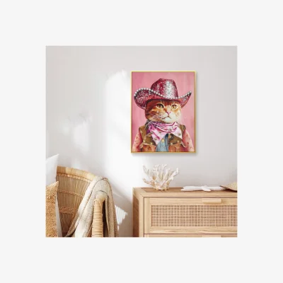 The Range Cowboy Cat Framed Canvas - Pink