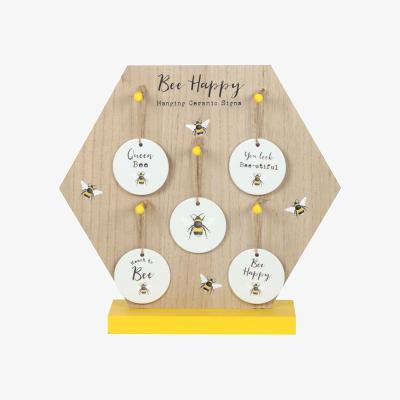 The Range Bee Happy Ceramic Hanging Sign Display - White