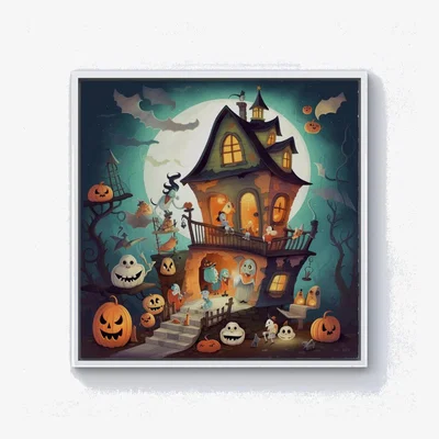 The Range Illustrations A Whimsical Haunted House Canvas Print - Orange / White Frame / 25.4cm