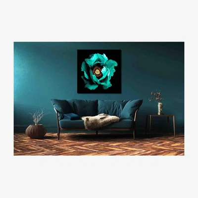 The Range Winter Floral Surreal dark chrome cyan peony flower macro Canvas Print - Teal / 127cm