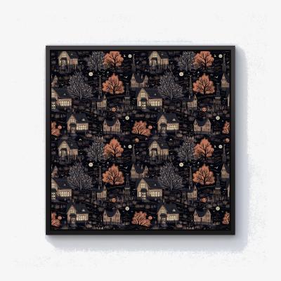 The Range Spooky Haunted Houses Pattern Canvas Print - Brown / Black Frame / 76.2cm