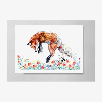 The Range Jumping Fox Watercolour Wall Canvas - Brown / 20cm