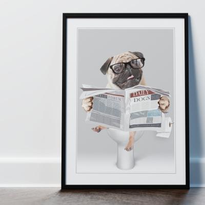 The Range Pug on the Toilet Framed Wall Art Print - Black Frame