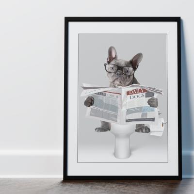 The Range French Bulldog on the Toilet Framed Bathroom Wall Art Print - Black Frame - Black