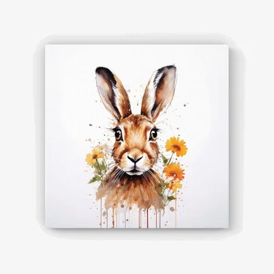 The Range Watercolour Hare and Daisies HD Metal Print - Orange / 30cm