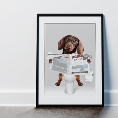 The Range Chocolate Dachshund on the Toilet Framed Wall Art Print - Grey