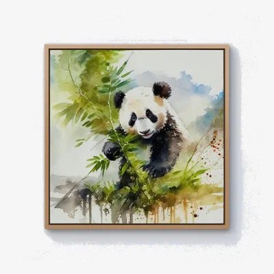 The Range Panda Eating Bamboo Watercolour Canvas Print - Brown / Pine Frame / 40.6cm