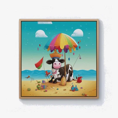 The Range Cow On A Beach Holiday Canvas Print - Yellow / 40.6cm / Pine Frame