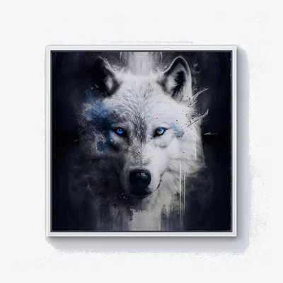 The Range White Wolf Face Splashart Dark Backgrouns Canvas Print - White / 101.6cm / White Frame