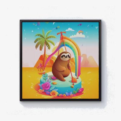 The Range Sloth On A Beach Holiday Canvas Print - Yellow / 25.4cm / Black Frame