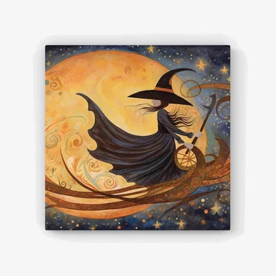 The Range Whimsical Witch On A Broomstick HD Metal Print - Orange / 56cm