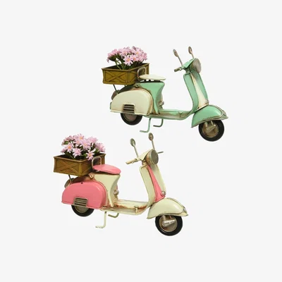 The Range Set of 2 Retro Metal Scooter Ornament With Flower Box On Back - Pink