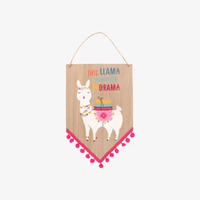 The Range Colorful Wooden Llama Sign with Pink Pom Pom Trim Teen Bedroom Decor - Tan