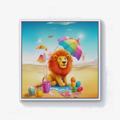 The Range Lion On A Beach Holiday Canvas Print - Yellow / 101.6cm / White Frame