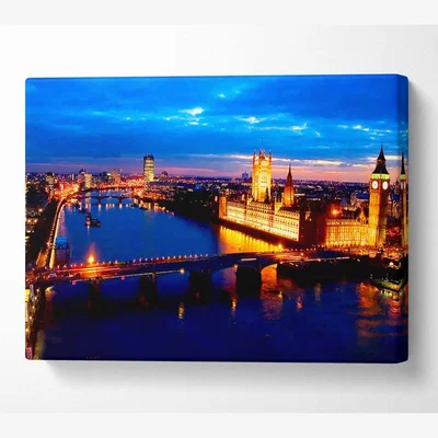 The Range London Ariel View Night Blues Canvas Print Wall Art - Yellow / 35.56cm
